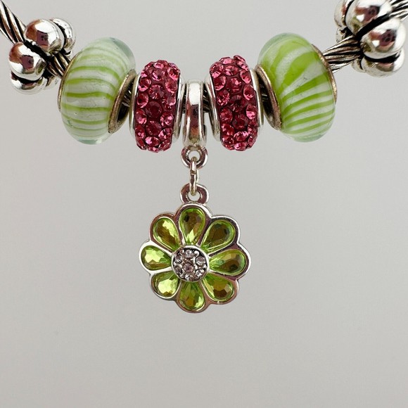 Silver Tone Cuff Bracelet Rhinestones Glass Beads Flower Charm Torque Bangle - Picture 8 of 9